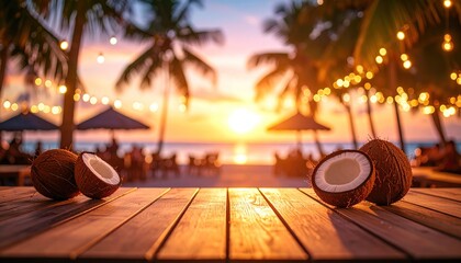 Wooden table with coconuts, sunset beach scene
