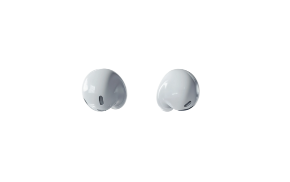 Contemporary minimalist white wireless earbuds floating with clean elegant style and innovation isolated on transparent background PNG