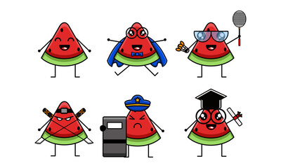 Adorable Watermelon Characters Collection: Funny and Diverse Fruit Mascots in Various Roles, Perfect for Healthy Lifestyle Promotions and Summer Designs