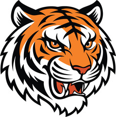 Illustration of an orange and black tiger head with an open mouth on a white background art style