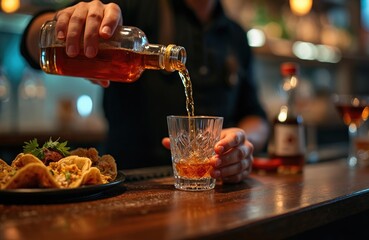 Bartender pours mezcal shot into glass. Traditional bar setting with tacos and appetizers. Mexican cuisine and culture, nightlife and party atmosphere. Focus on alcohol drink service.