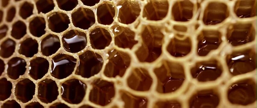 Anamorphic video Thick sweet honey fills the hexagonal cells of honeycombs. Honeycomb frame with golden organic honey