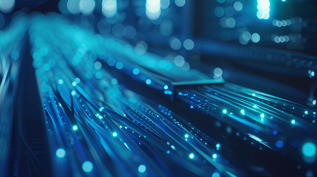 Computer networking fiber optic LAN cables for seamless system connectivity. Server rack with glowing lights for data center technolog. Server room network switch data center cloud storage 
