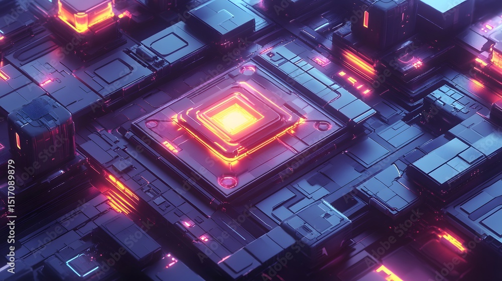 Poster a close-up view of a futuristic computer circuit board featuring vibrant neon colors