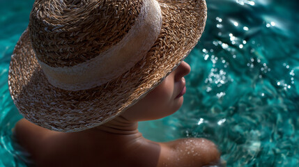 Frau mit Strohhut entspannt im t&uuml;rkisfarbenen Wasser