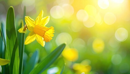 Yellow daffodil in sunlit garden