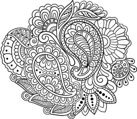 Isolated outline zentangle decorative element. Paisley and floral motifs vector. Use for designing borders, corners, flyers and banners, coloring book cover