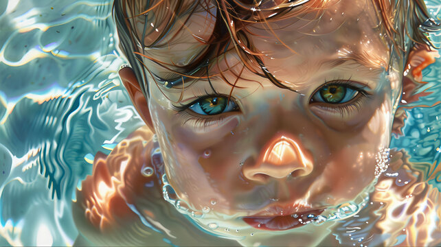 Kids enjoying summer underwater swimming splashing in the pool at summer aqua park. Portrait of a child face swimming underwater 