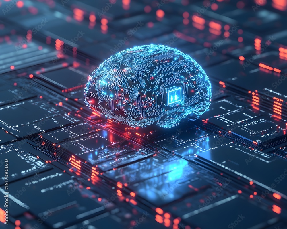 Poster a futuristic digital brain composed of intricate circuit patterns, illuminated by blue and red light