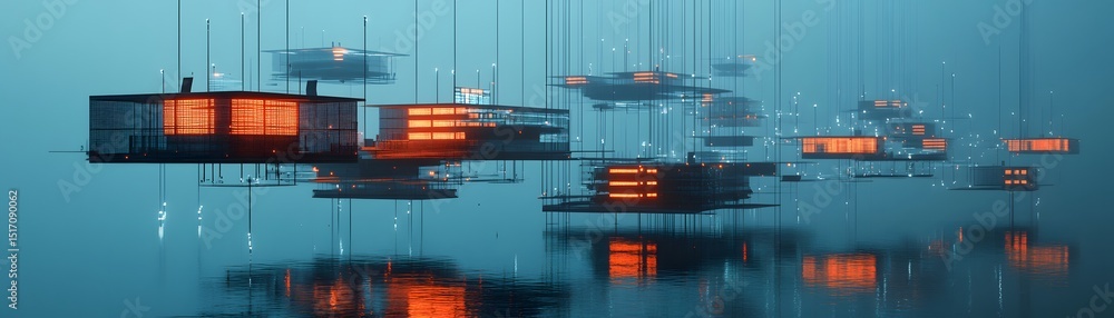 Poster a futuristic landscape featuring floating structures, illuminated in warm hues. the scene captures a