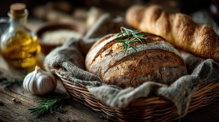 Artisan Bread in Rustic Basket with Herbs and Oil