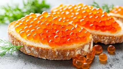 Elegant Plate of Toast Topped with Luxurious Caviar and Garnished with Fresh Dill Sprigs