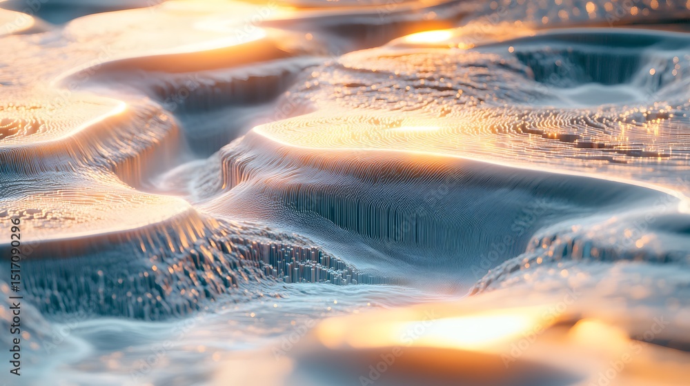 Poster a mesmerizing close-up of water patterns reflecting golden light. the gentle flow creates intricate 