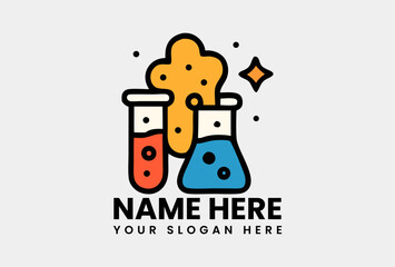 Colorful chemistry experiment icon with bubbling beakers illustrating scientific reactions. Science concept