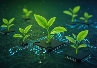 Plants growing out of computer chips on a circuit board representing technology and nature together