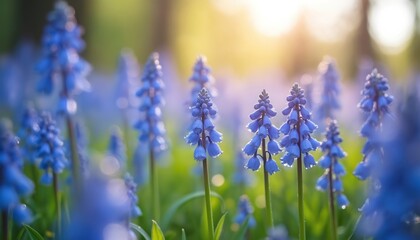 Obraz premium Field vibrant bluebells flowers in rich green grass. Serene springtime nature scenery, fresh air. Blooming flora in garden. Spring season, botanical beauty, scenic, peaceful environment, idyllic view.