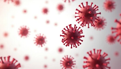 Red virus cells floating on white background. Medical illustration for World Hepatitis Day. Dangerous pathogen cells. Microscopic view of virus causing diseases, infections. Concept of illness,