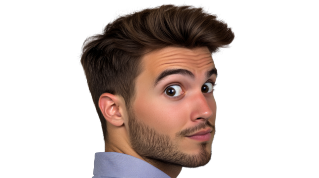 Man with wide eyes looking back, cut out transparent