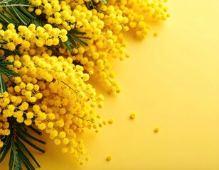Yellow mimosa blossoms on a vibrant yellow background