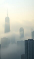 foggy city skyline with skyscrapers in the distance