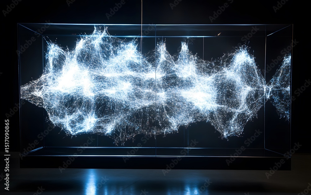 Poster an abstract representation of energy waves, showcasing intricate patterns of light in a sleek displa