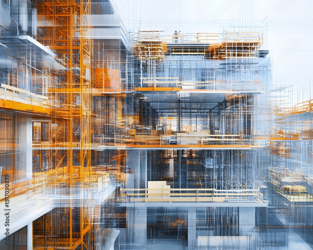 Poster an abstract representation of a modern construction site with metal scaffolding and building structu