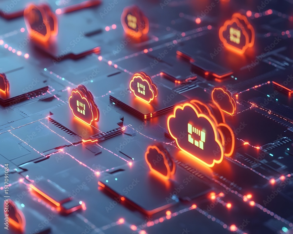 Poster futuristic digital cloud computing interface with glowing icons, representing data storage, networki