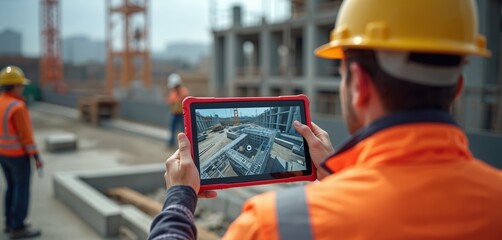 Construction worker uses tablet digital twin model to monitor building site. Engineer holds tablet, views digital construction project, building information modeling, BIM. Modern tech in industry.
