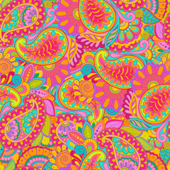 Vibrant paisley and floral zentangle repeating pattern