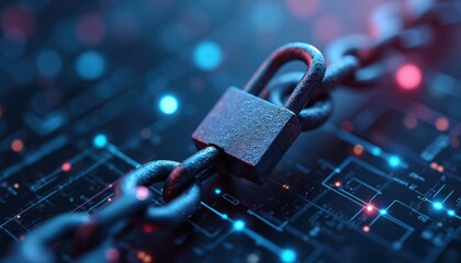 Security concept shows padlock on chain. Data Loss Prevention, cyber security, information protection. Padlock illustrates network protection from unauthorized access. Digital safety, privacy,