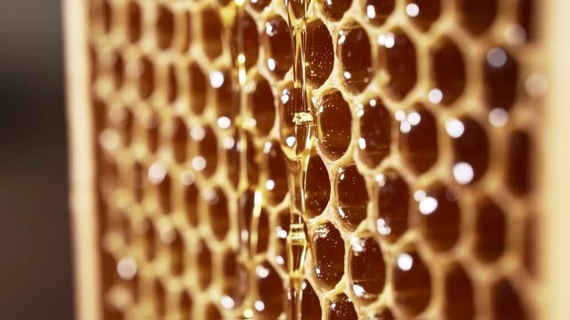 Thick sweet honey fills the hexagonal cells of honeycombs. Honeycomb frame with golden organic honey