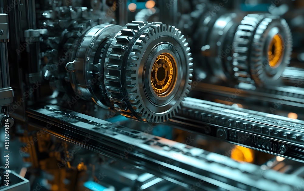 Poster a close-up view of a complex mechanical assembly showcasing intricate gears and parts, highlighting 