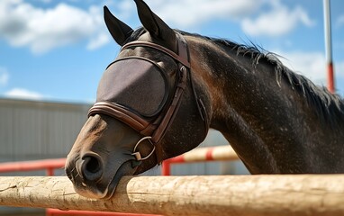 A close-up of a horse wearing a protective mask, resting against a wooden fence