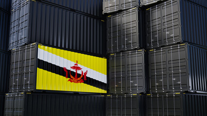 Cargo shipping container with brunei flag, shipping and freight transportation of brunei concept.