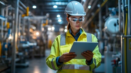 A focused worker in a safety helmet and reflective gear analyzes data on a tablet in a modern industrial facility. The scene highlights safety and technology in the workplace.