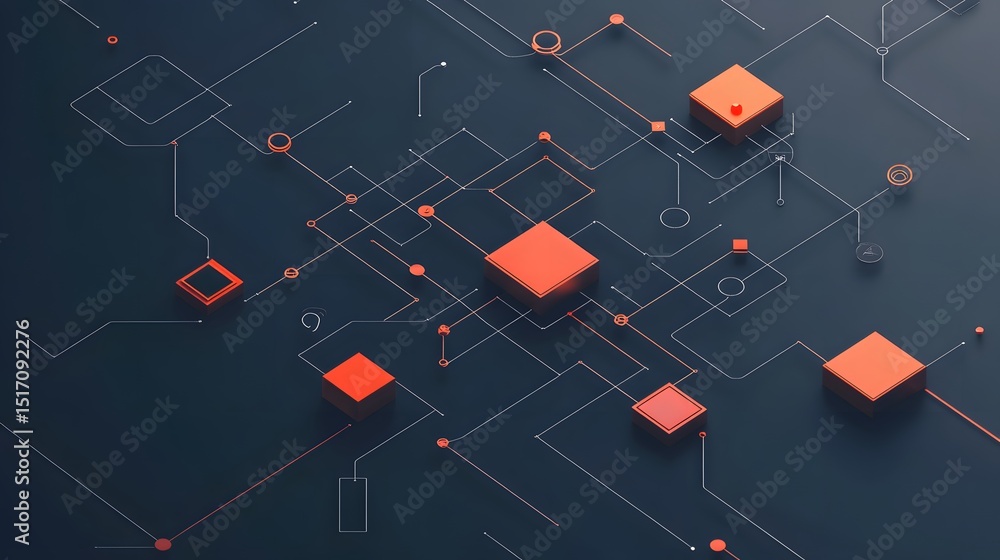 Poster a modern abstract representation of digital networks featuring interconnected geometric shapes in vi