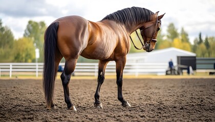 A majestic brown horse stands gracefully on a sandy arena, showcasing its powerful physique and shiny coat, embodying the spirit and beauty of nature and equestrian sport.