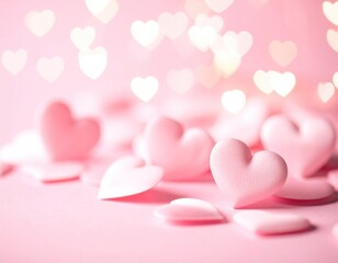 Pink hearts scattered on a soft pink background with bokeh