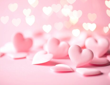 Pink hearts scattered on a soft pink background with bokeh