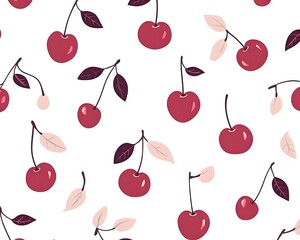 A vibrant, seamless pattern featuring cherry fruits and leaves, perfect for textiles, wallpapers, and modern designs