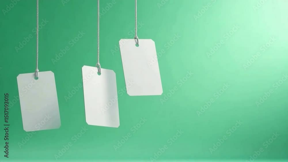 Poster hanging blank cards against green backdrop: three blank cards suspended by strings against a soft gr