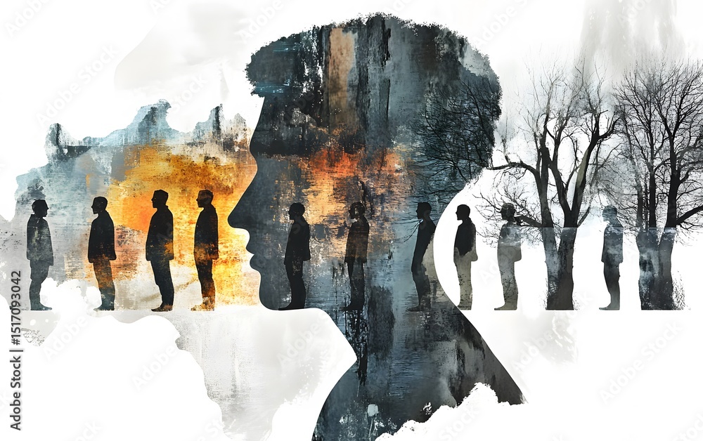 Poster an artistic representation showcasing the complexity of human thoughts and emotions, blending silhou