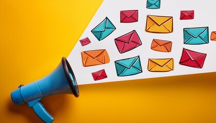colorful megaphone with flying envelopes on yellow background for communication theme