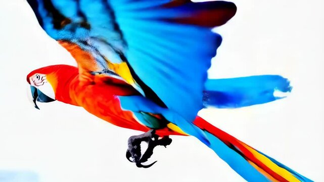 Vibrant macaw parrot in flight, wings extended against a white background, showcasing brilliant blue, red and orange plumage.