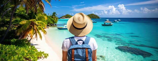 A traveler overlooking a tropical beach scene, perfect for holiday promotions, travel blogs, or wanderlust content