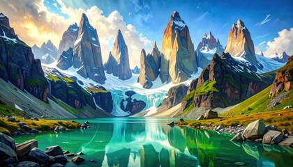 Majestic mountain peaks with glacier lake reflecting dawn light symbolize adventure, climate change awareness, and natural grandeur