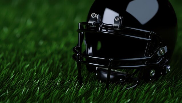Black american football helmet on the green grass field