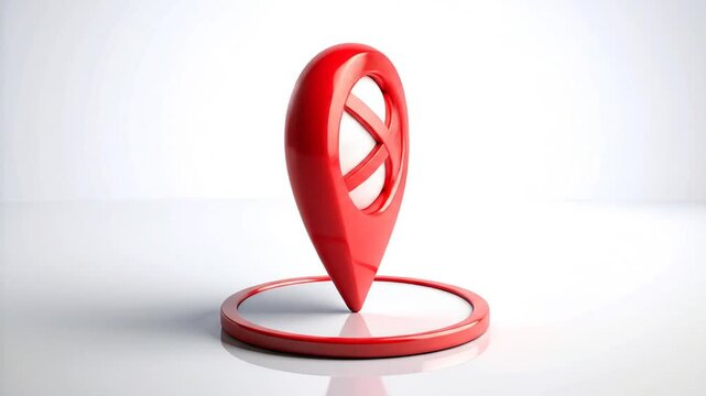 Animated 3D Red Map Pointer Icon with Cross Symbol Rotation on White Background Loop