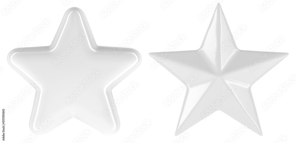 Poster two blank white stars. one star with sharp faceted edges and the other smooth and rounded. 3d render