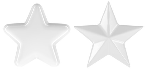 Two blank white stars. One star with sharp faceted edges and the other smooth and rounded. 3D Rendering